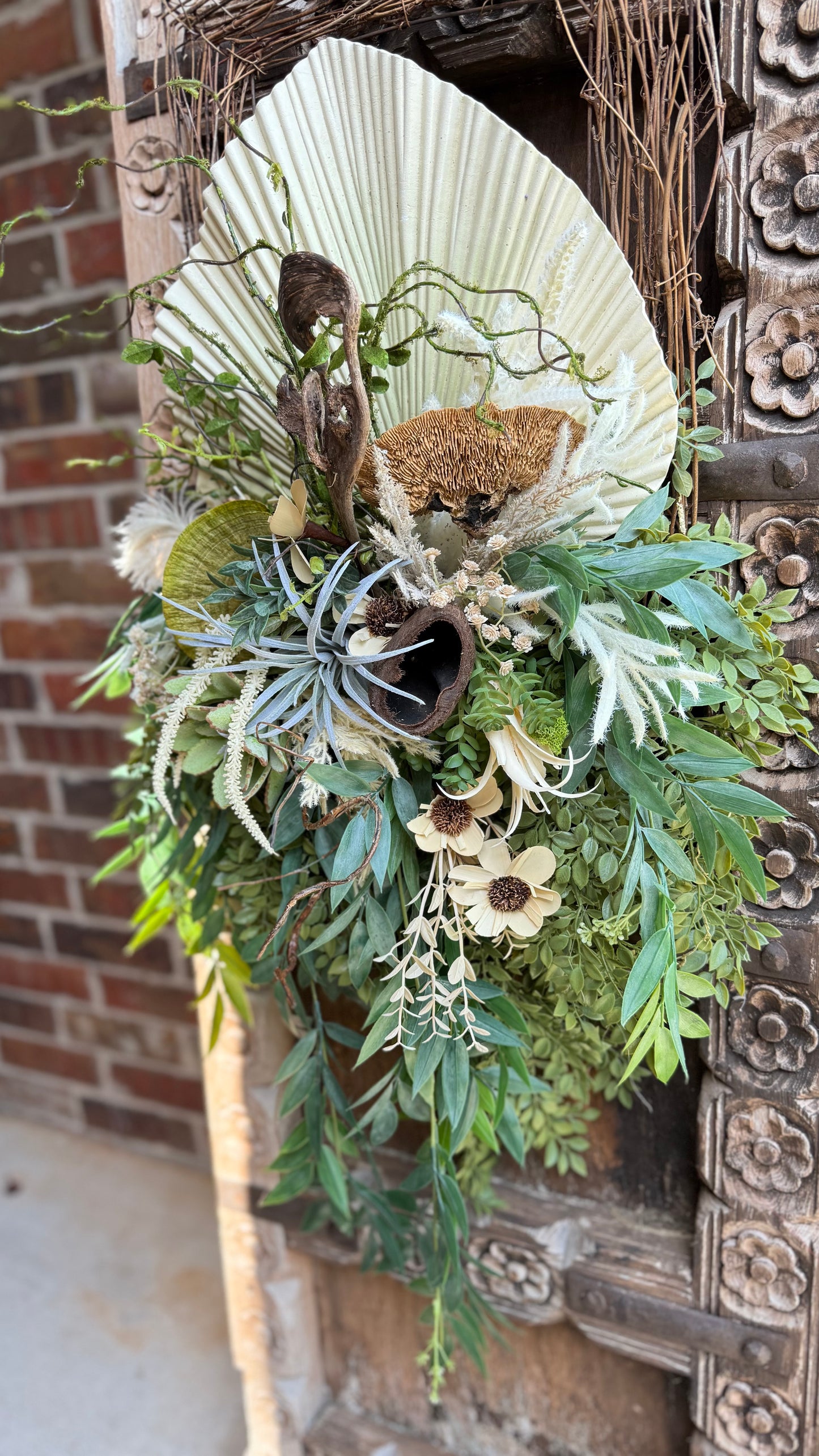 Modern Boho Palm Leaf Door Swag | Square Grapevine Base | Neutral Botanical Wreath | Organic Front Door Decor | 16x32 Luxe Greenery