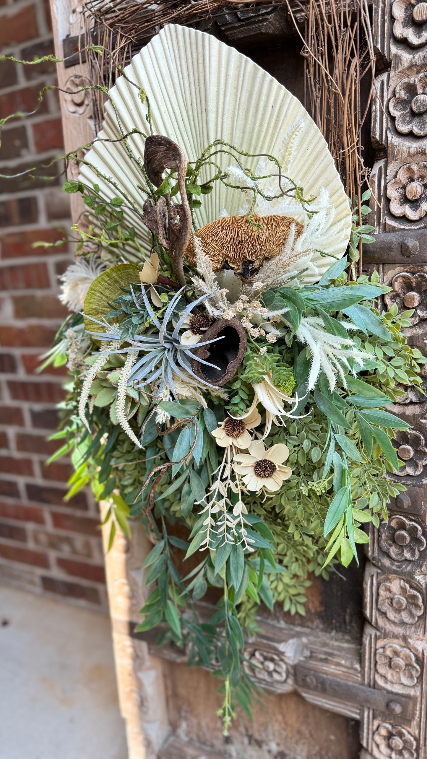 Modern Boho Palm Leaf Door Swag | Square Grapevine Base | Neutral Botanical Wreath | Organic Front Door Decor | 16x32 Luxe Greenery