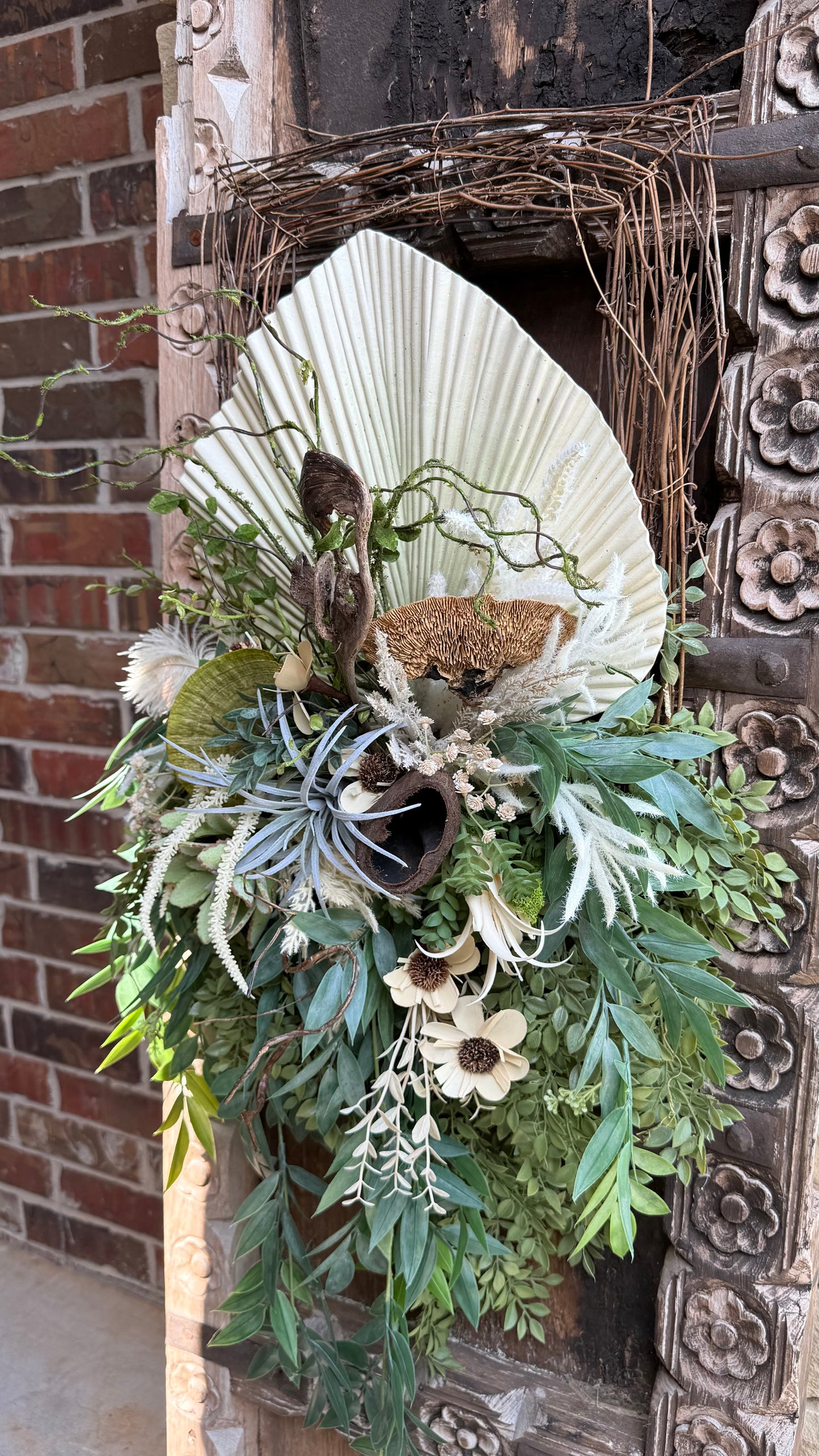 Modern Boho Palm Leaf Door Swag | Square Grapevine Base | Neutral Botanical Wreath | Organic Front Door Decor | 16x32 Luxe Greenery