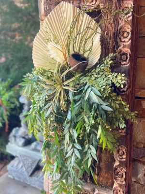 Modern Boho Palm Leaf Door Swag | Square Grapevine Base | Neutral Botanical Wreath | Organic Front Door Decor | 16x32 Luxe Greenery