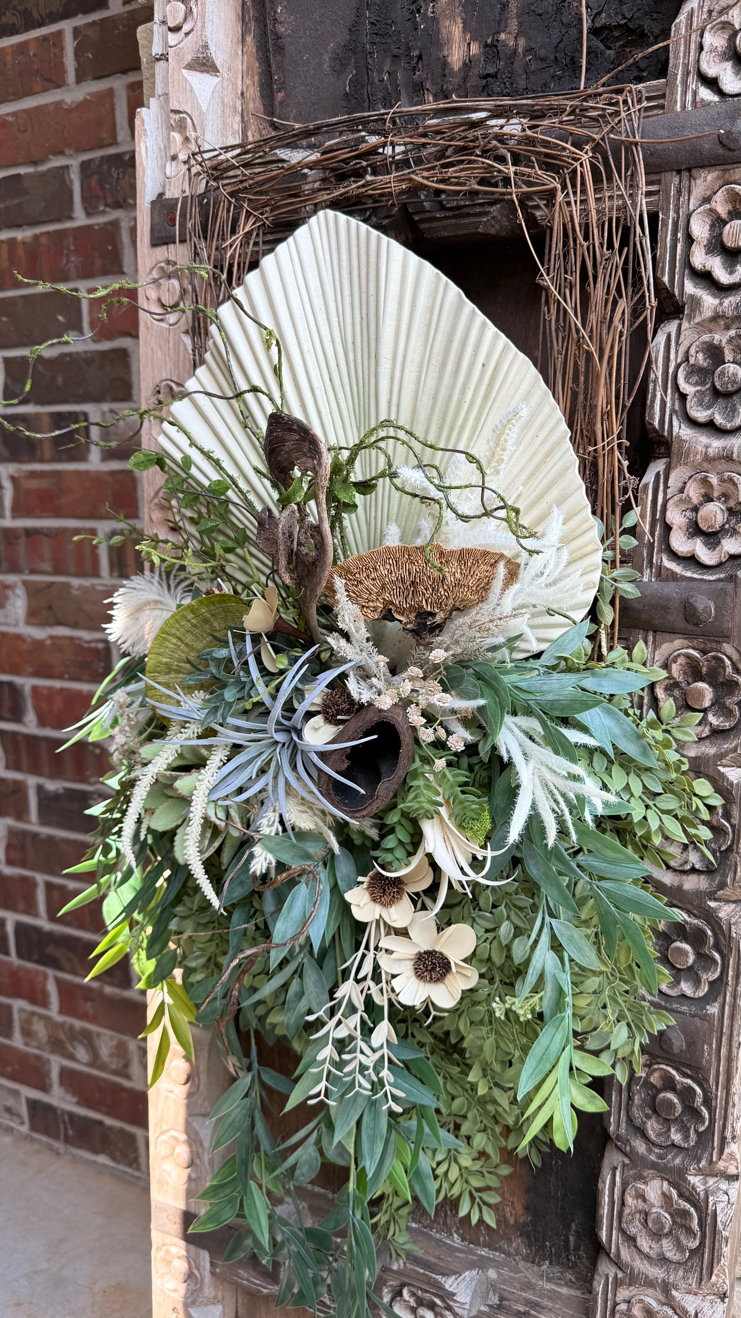 Modern Boho Palm Leaf Door Swag | Square Grapevine Base | Neutral Botanical Wreath | Organic Front Door Decor | 16x32 Luxe Greenery