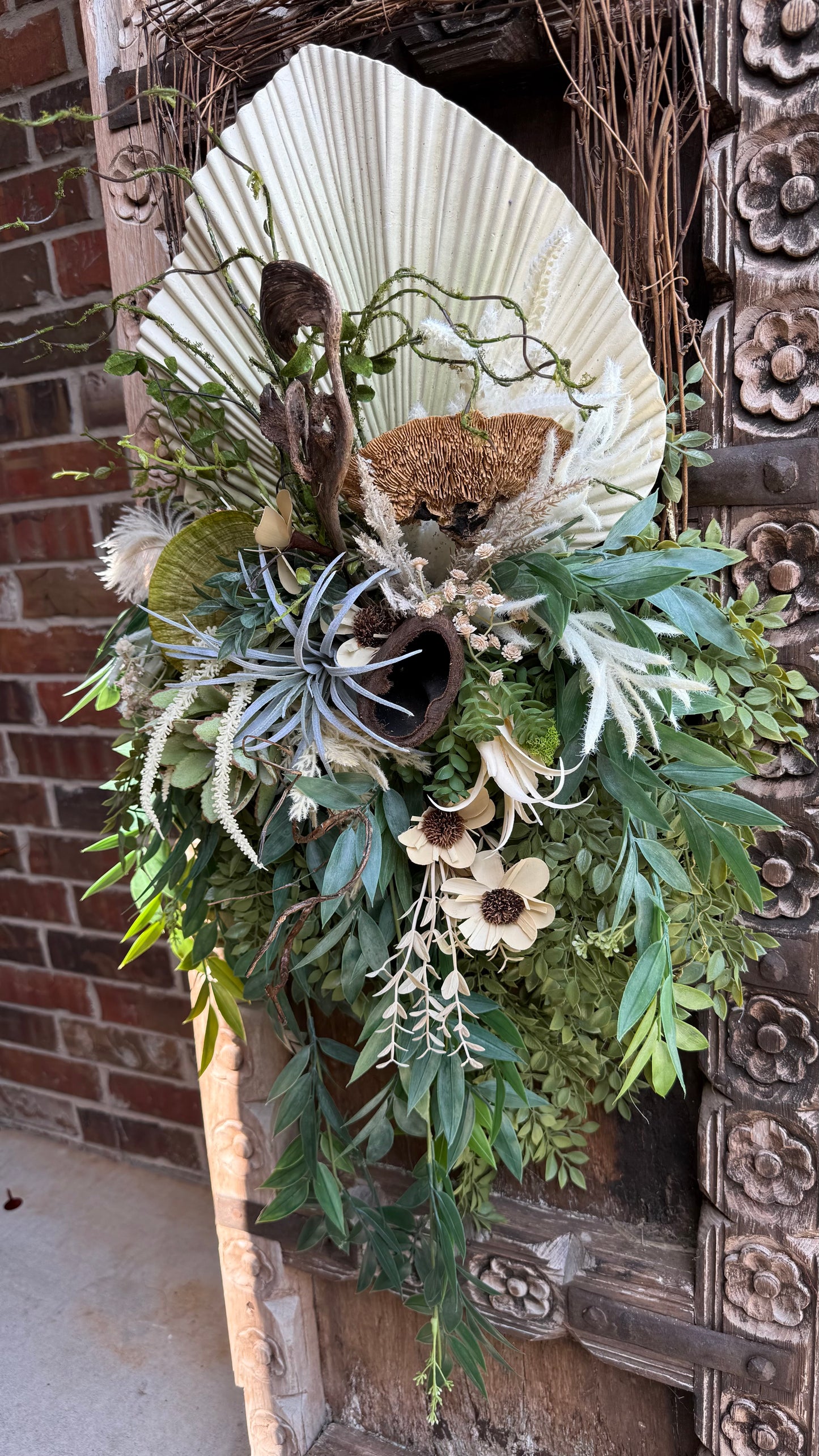 Modern Boho Palm Leaf Door Swag | Square Grapevine Base | Neutral Botanical Wreath | Organic Front Door Decor | 16x32 Luxe Greenery
